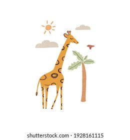 Cute baby poster for children with adorable giraffe in cartoon style, palm tree, sun, clouds and bird. Hand drawn vector illustration.