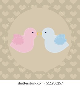 cute baby poster with a couple of birds on the background with hearts. Template for greeting card or scrapbook page album. Pattern for decoration or design. Baby vector illustration
