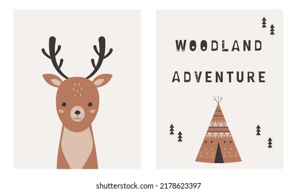 Afiche de bebé lindo con ciervo y peluca. Aventura de Woodland. Jardín infantil de arte mural. Venado de caricaturas al estilo Boho. Niños minimalistas impresos. Antecedentes bohemios con venado tribal