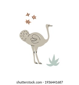 Cute baby poster print for children with adorable ostrich in cartoon style and stars. Hand drawn vector illustration.