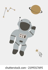 Cute baby posters little astronaut. Outer space nursery design. Wall art cosmos. Creative vector design in Scandinavian style. Decoration of a children room or textiles. Kids pastel decor