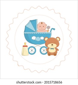 Preservador lindo con oso de peluche y botella de leche. Ilustración gráfica vectorial. Individualmente sobre un fondo blanco.