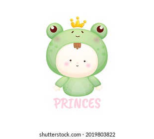 Cute baby princes in frog costume. Mascot cartoon illustration Premium Vector