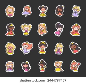 Cute baby princess with beautiful dresses. Sticker Bookmark. Hand drawn style. Vector drawing. Collection of design elements.