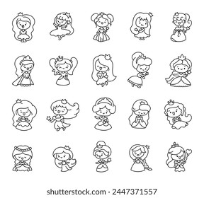 Cute baby princess with beautiful dresses. Coloring Page. Hand drawn style. Vector drawing. Collection of design elements.