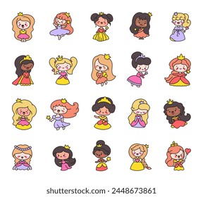 Cute baby princess with beautiful dresses. Hand drawn style. Vector drawing. Collection of design elements.