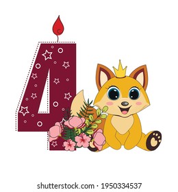 Cute baby princess fox with number four. Vector illustration for baby shower, greeting card, party invitation, fashion clothes t-shirt print. Happy Birthday concept