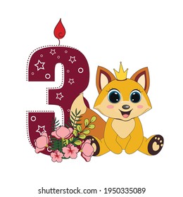 Cute baby princess fox with number three. Vector illustration for baby shower, greeting card, party invitation, fashion clothes t-shirt print. Happy Birthday concept