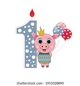 Cute baby princess little pig with number one. Vector illustration for baby shower, greeting card, party invitation, fashion clothes t-shirt print. Happy Birthday concept