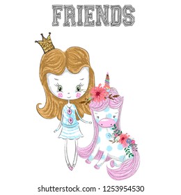 Cute baby Princess and unicorn cartoon hand drawn vector illustration. Can be used for baby t-shirt print, fashion print design, children wear, baby shower celebration, greeting and invitation card.