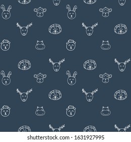 Cute baby print with animals. Hand-drawn dark blue seamless background, pattern. Vector. Creative childish texture.Creative for fabric, textile.Little lion, deer, hippo, monkey, sheep, rabbiton