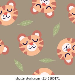 
Cute baby print with little tigers and leaves. The characters are hand-drawn in doodle style. Nice natural colors. Vector seamless pattern.