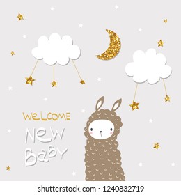 Cute baby print with llama, glitter stars and quote. Baby shower invitation or nursery poster. Vector hand drawn illustration.