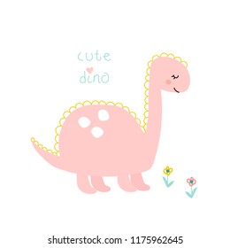 Cute baby print with pink dinosaur. Fashion kids graphic. Vector hand drawn illustration.