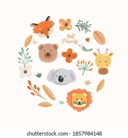 Cute baby print.Bear, koala, fox, giraffe, lion  drawing.Autumn leaves vector print.