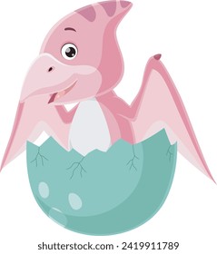 Cute baby pterodactyl cartoon hatching from egg