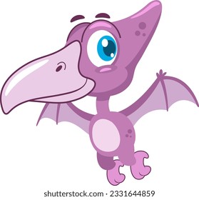 Cute Baby Pterodactyl Dinosaur Cartoon Character Flying In The Sky. Vector Illustration Flat Design Isolated On Transparent Background