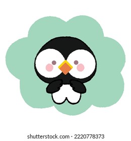 Cute baby puffin on green cloud. Hand drawn vector illustration in crayon colored texture isolated on white background.