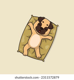 Cute baby pug dog cartoon sleeping on pillow flat vector icon illustration. Flat vector illustration, flat icon sticker isolated.