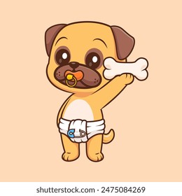 Cute Baby Pug Dog Holding Bone Cartoon Vector Icon Illustration. Animal Food Icon Concept Isolated Premium Vector. Flat Cartoon Style