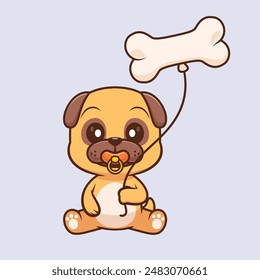 Cute Baby Pug Dog Holding Bone Balloon Cartoon Vector Icon Illustration. Animal Food Icon Concept Isolated Premium Vector. Flat Cartoon Style