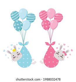 Cute baby rabbit being delivered via balloons. Baby gender reveal boy or girl. Flat vector cartoon design.