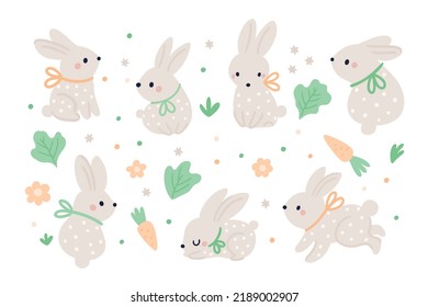 Cute baby rabbit, bunny, hare animals in different pose. Bunny with bow ribbon on cartoon style. Little baby hare animals with carrot and flowers