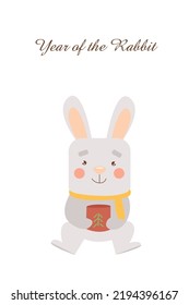 A cute baby rabbit, a cartoon animal character. Kids card poster print template isolated on white. Hand-drawn design vector illustration. Adorable clipart