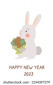 A cute baby rabbit, a cartoon animal character. Winter vibes. Happy new year 2023. Kids card poster print template isolated on white background. Hand-drawn design vector illustration. Adorable clipart