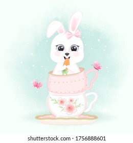 Cute Baby Rabbit Eating a Carrot in Coffee cup and Butterflies hand drawn cartoon animal watercolor illustration
