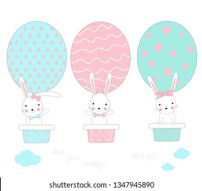 The cute baby rabbit with egg shape balloon air. Hand drawn cartoon style