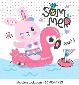 Cute baby rabbit girl having fun on an inflatable pink flamingo pool float isolated on white background illustration vector.