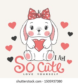 Cute baby rabbit girl with heart, bow. I am So Cute slogan. Vector illustration for t-shirt graphics, fashion prints and other uses