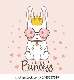 Cute baby rabbit girl princess with crown, sunglasses. Little Princess slogan. Vector illustration design for t-shirt graphics, fashion print for girls