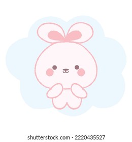 Cute baby rabbit, hare, bunny on blue cloud. Hand drawn vector illustration in crayon colored texture isolated on white background.