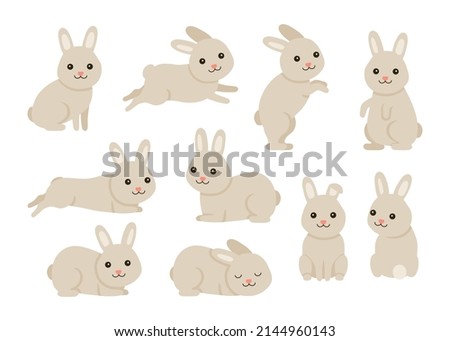 Cute baby rabbit or hare pet set for Easter design in different poses. Animal bunny in cartoon style. Rabbit stand, sit, liye, jump and play. Vector illustration