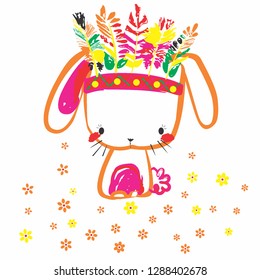 Cute baby rabbit with headband and feathers on the head, sitting on flowers