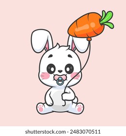 Cute Baby Rabbit Holding Carrot Balloon Cartoon Vector Icon Illustration. Animal Food Icon Concept Isolated Premium Vector. Flat Cartoon Style