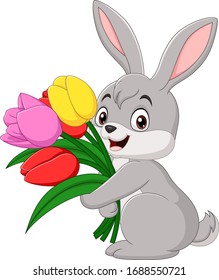 Cute baby rabbit holding a flowers