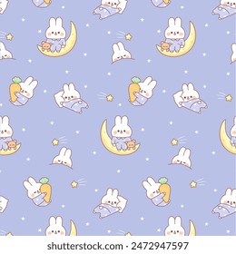 Cute baby rabbit and moon doodle seamless nursery pattern