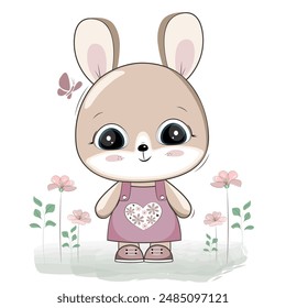 Cute baby rabbit on the lawn. Drawn cartoon character. Vector animal bunny. Rabbit with flowers.