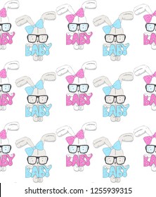 Cute baby rabbit pattern cartoon hand drawn vector illustration. Can be used for baby t-shirt print, fashion print design, children wear, baby shower celebration, greeting and invitation card.