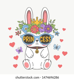 Cute baby rabbit princess with floral wreath, crown, sunglasses. Princess slogan. Cartoon vector illustration design for t-shirt graphics, fashion prints