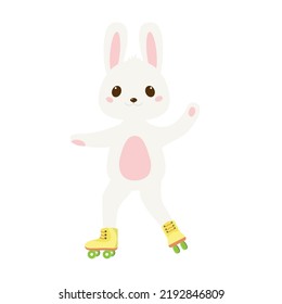 Cute baby rabbit rollerblading. Drawn in cartoon style. Vector illustration for designs, prints and patterns. Isolated on white background.