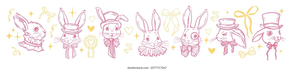 Cute baby rabbit set, vector fairy tale bunny portrait, easter spring lovely hare doodle print kit. Cartoon nursery poster character, vintage hand drawn childish animal illustration. Baby rabbit art