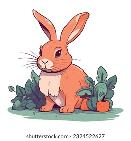 Cute baby rabbit sitting in grass, cheerful celebration icon isolated