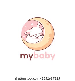 Cute baby rabbit sleep on the moon logo design for baby shop and baby care logo