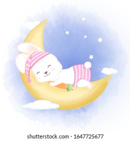 
Cute baby rabbit sleeping on moon hand drawn cartoon animal watercolor illustratio