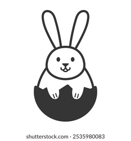 Cute baby rabbit sticking paws out of a cracked Easter egg icon. Festive symbol pictogram in line and silhouette for decoration, web design. Eastern egg hunt and sweet treats. Vector illustration