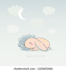 Cute Baby Rabbit Vector Illustration. Bunny Sleeping on a Cloud. Sky With Clouds and Moon. Sweet Little One. Pastel Colors.